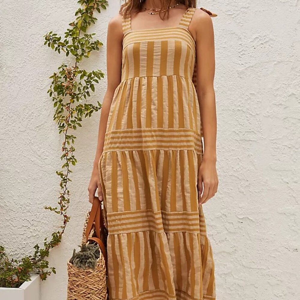Blue Tassel -  Plus Sized Tan Striped Dress